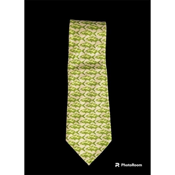 Fishing Fish Necktie Mens Green Gold Fathers Day Dad Pisces Wedding Tie Outdoors - Picture 11 of 11